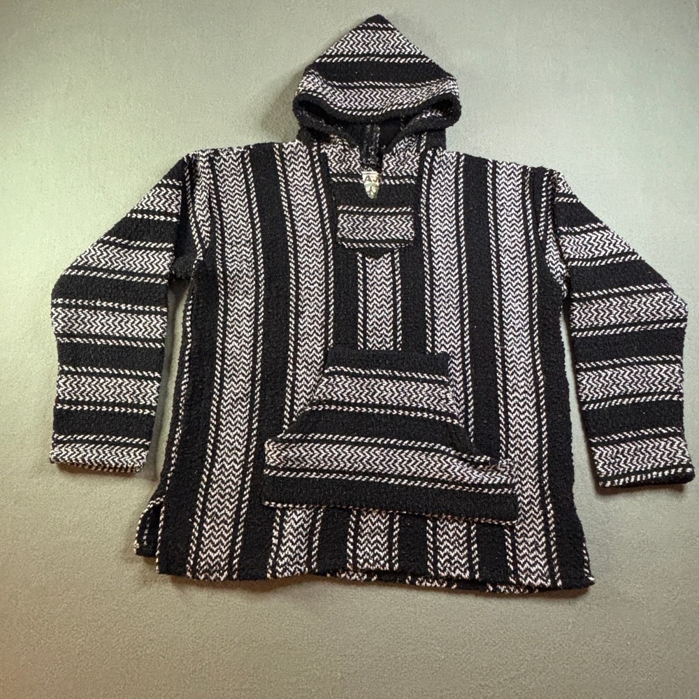 VTG Baja Joe Mexican Baja Drug Rug Hoodie Mens M Black White Striped Boho